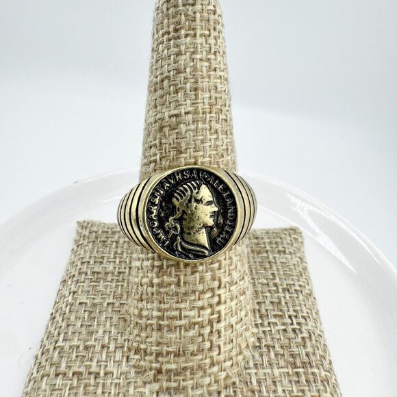 Vintage Coin Ring Roman  Gold Tone Men's Emperor Profile Signet Style Retro Bold - Picture 9 of 10